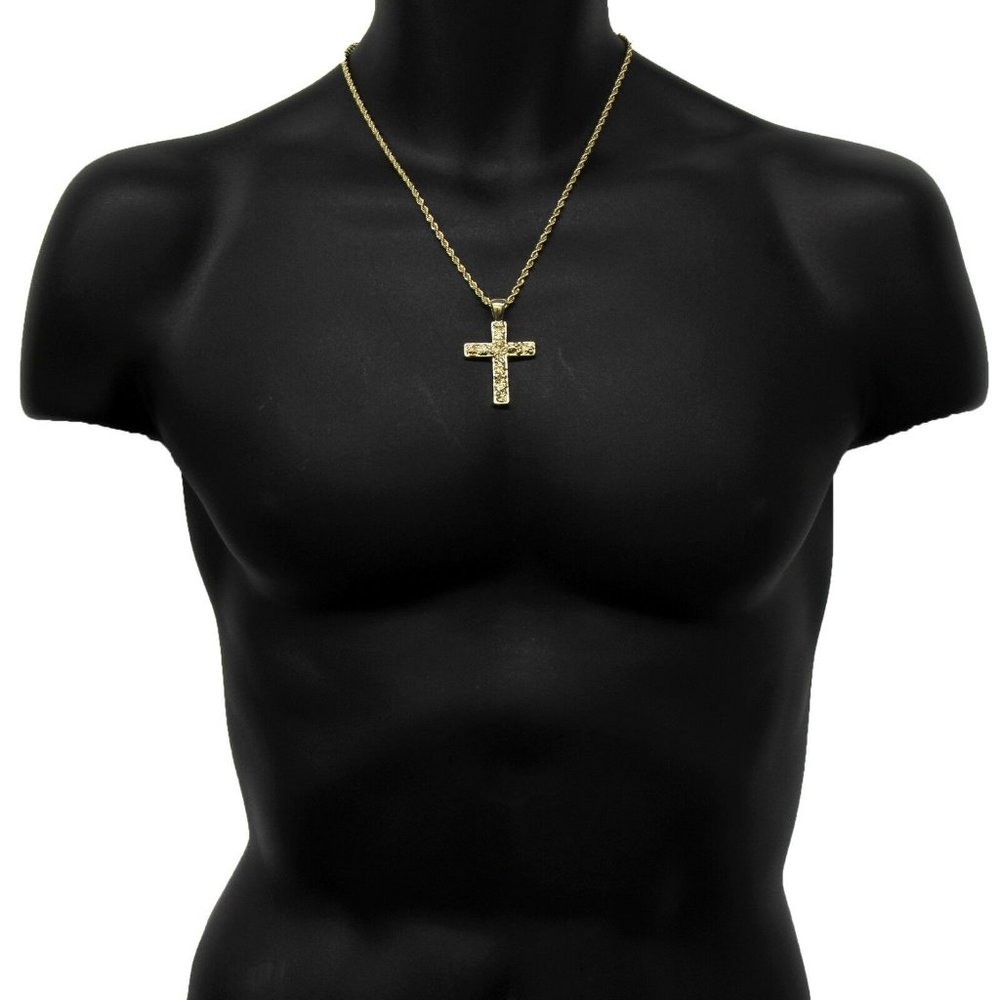 Mens 14k Gold Cross 24" Rope Chain + Pendant